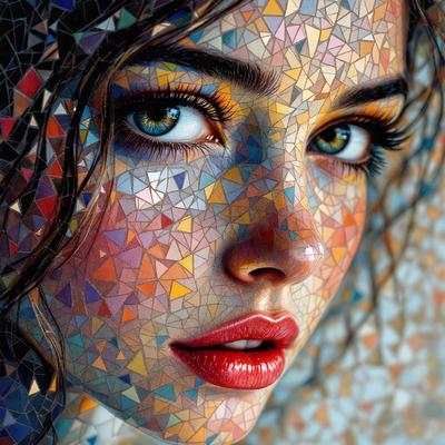 The primary subject of the image is a woman with long hair, painted in a colorful and artistic manner. The setting is a mosaic-like background, which adds to the visual style of the painting. The colors and mood of the image are vibrant and lively, with a focus on the woman's beauty and the intricate design of the mosaic.